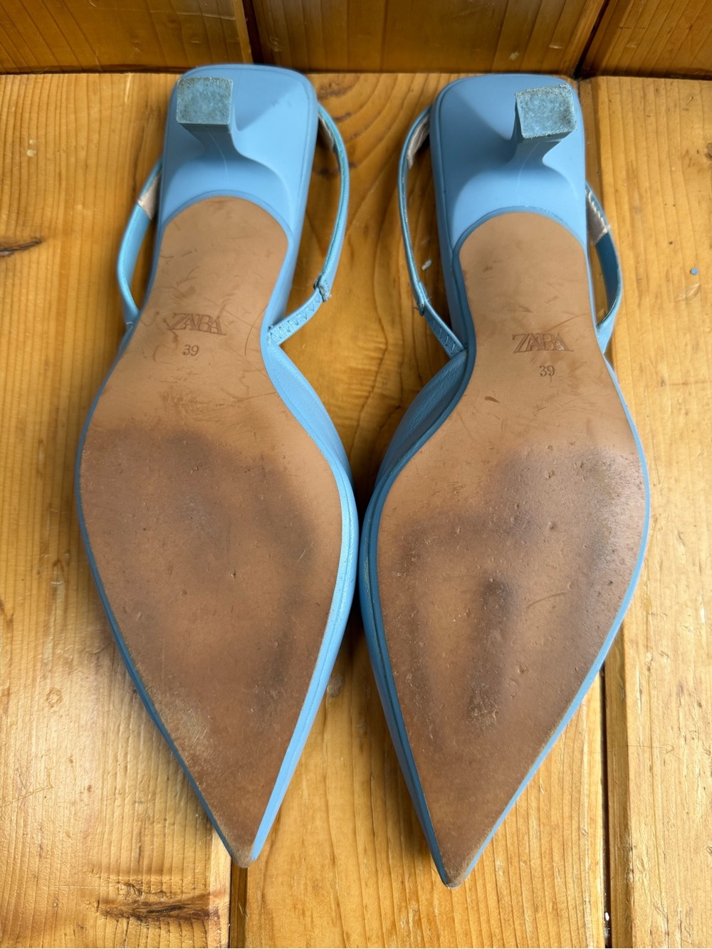 Size 8.5 / 9 Zara Light Blue Leather Pointed-Toe Kitten-Heel Slingback Mules - Picture 5 of 15